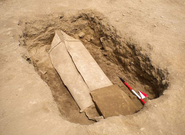 A lead sarcophagus in situ.